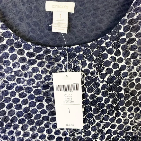 Chico’s NEW Dot Lace Tiered Long Sheer Sleeve Blouse Top Midnight Blue Size 8 - Picture 3 of 10